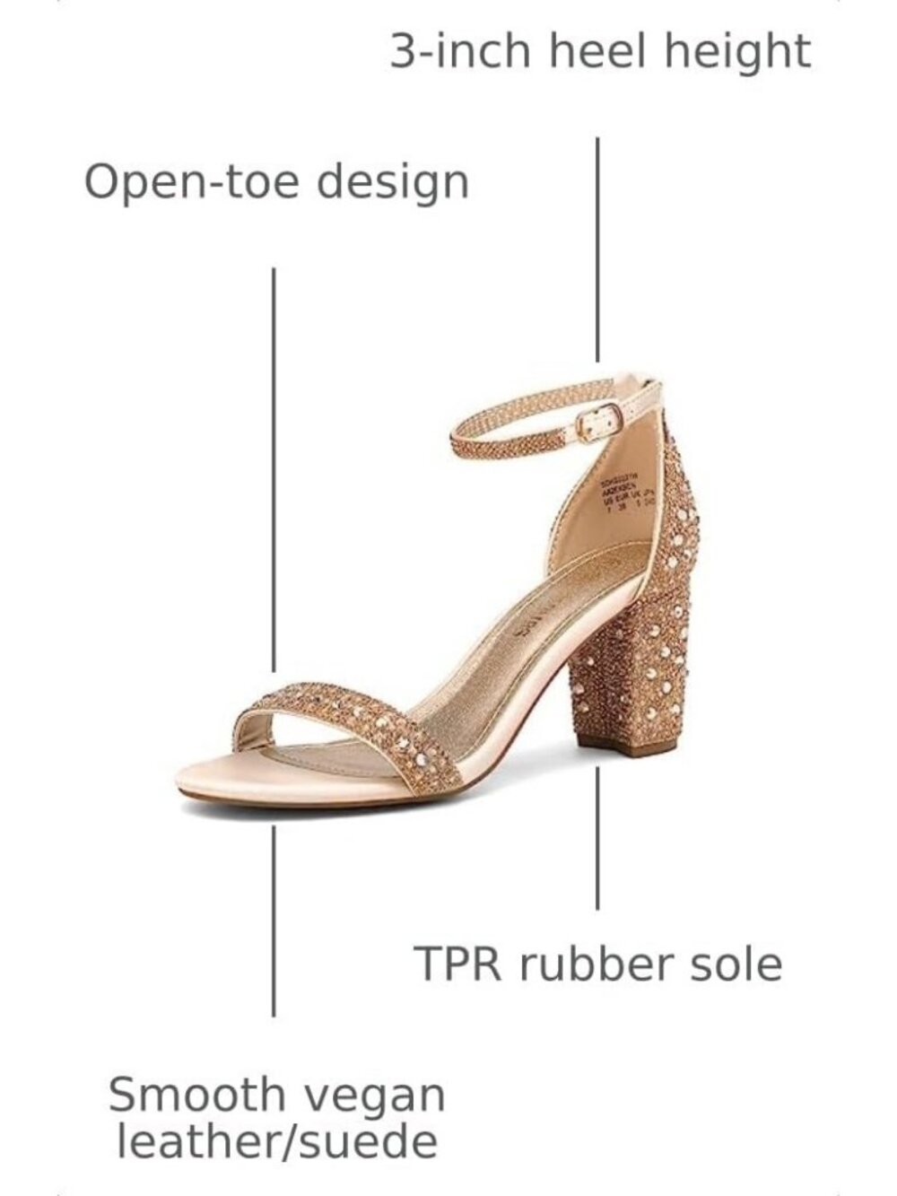 Womens Gold Rhinestone Comfortable Open Toe Ankle Strap Chunky Block Heel Sandal - Picture 3 of 6